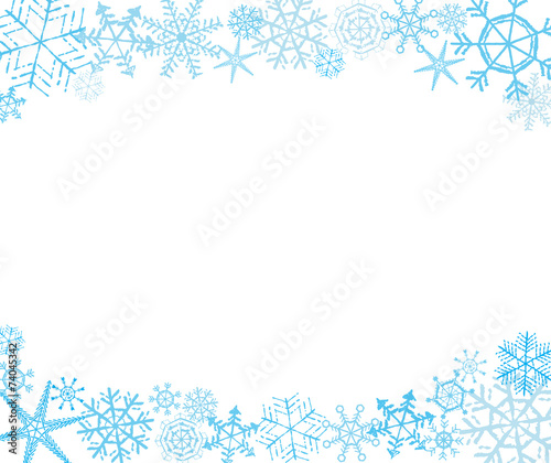Hand-drawn snowflake frame in white and blue, upper and lower