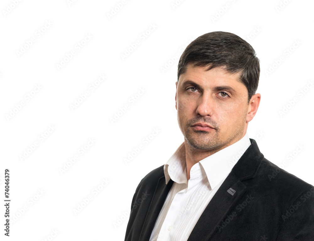 Fashion young man in black jacket over white background