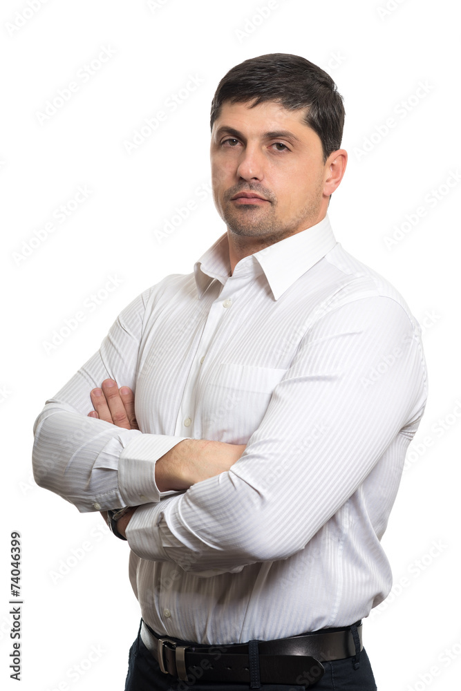 Portrait of young man with very handsome face in white casual sh