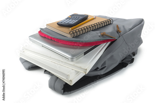 Backpack full of school supplies. on white background.