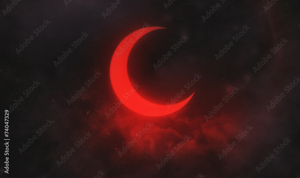 Naklejka premium Illustrated red moon in clouds