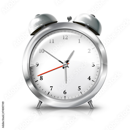 Silver retro alarm clock isolated on white background. Vector