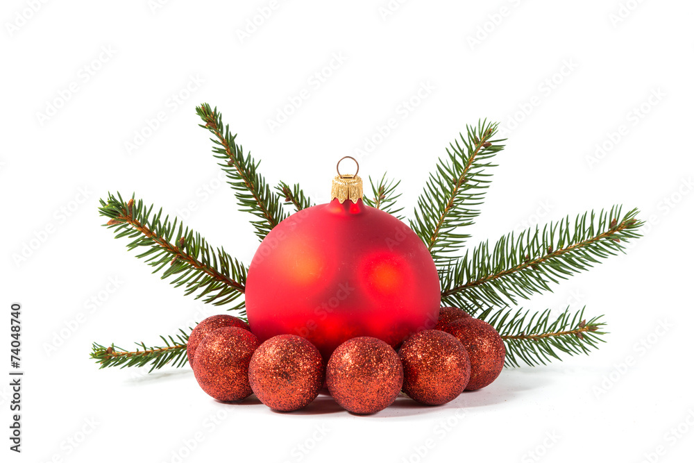 red Christmas balls and fir branch red Christmas balls and fir branch