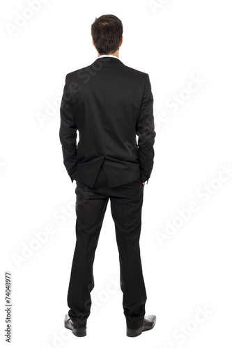 Obraz na płótnie Full body portrait of young businessman, back view, with hands i w salonie