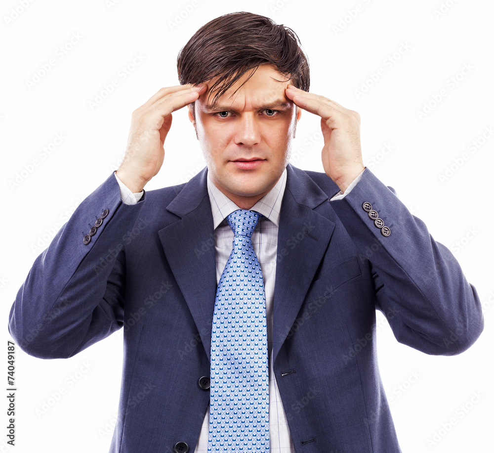 Portrait of a young businessman with strong headache Portrait of a young businessman with strong headache