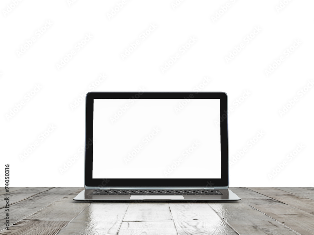 Mock up laptop on wooden table, isolated Mock up laptop on wooden table, isolated