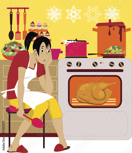 Woman in a kitchen cooking a holiday dinner