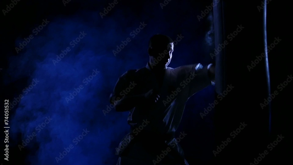 Silhouette karate man practicing on the sandbag on blue Silhouette karate man practicing on the sandbag on blue