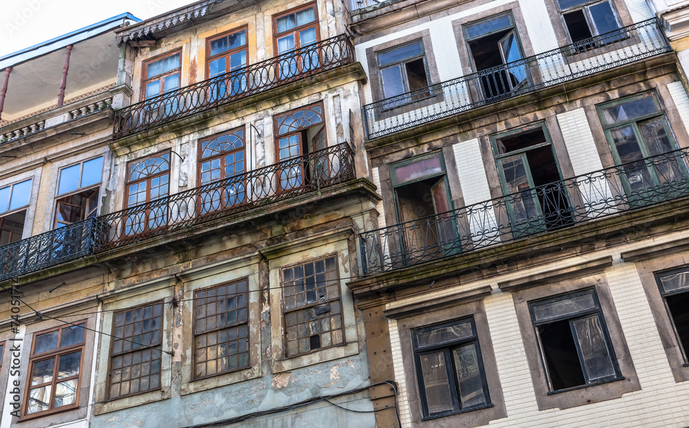Typical portuguese ruined buildings in downtown Porto