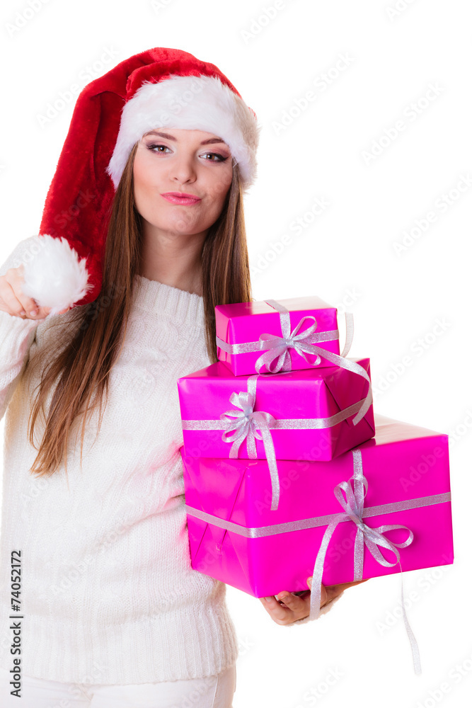 Woman santa helper hat with many pink gift boxes Woman santa helper hat with many pink gift boxes