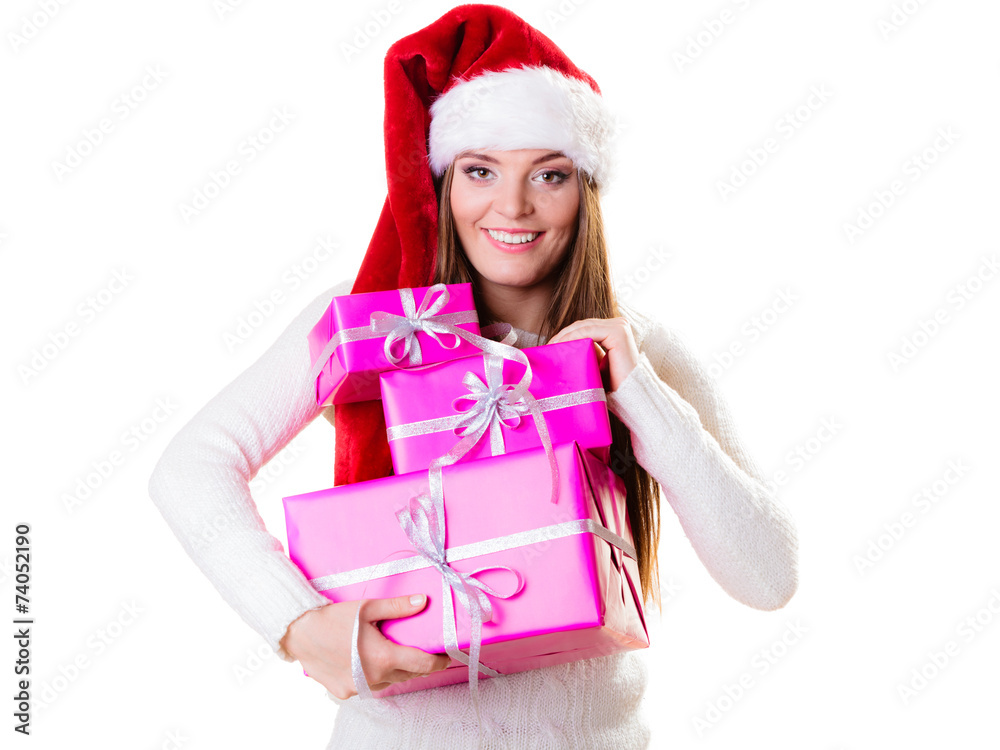 Woman santa helper hat with many pink gift boxes Woman santa helper hat with many pink gift boxes