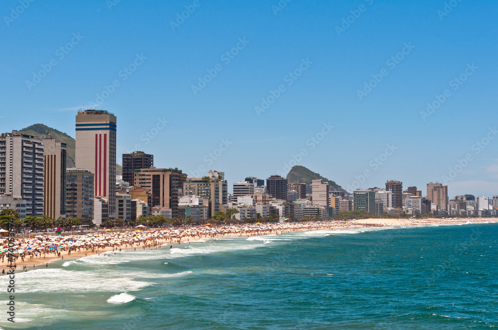 Crowded Ipanema and Leblon Beaches on Clear Sunny Summer Day