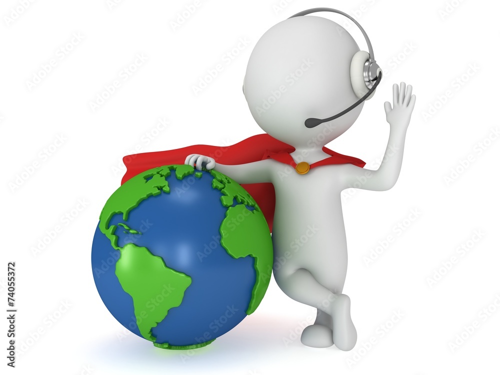 Brave superhero in headpones and world sphere Brave superhero in headpones and world sphere