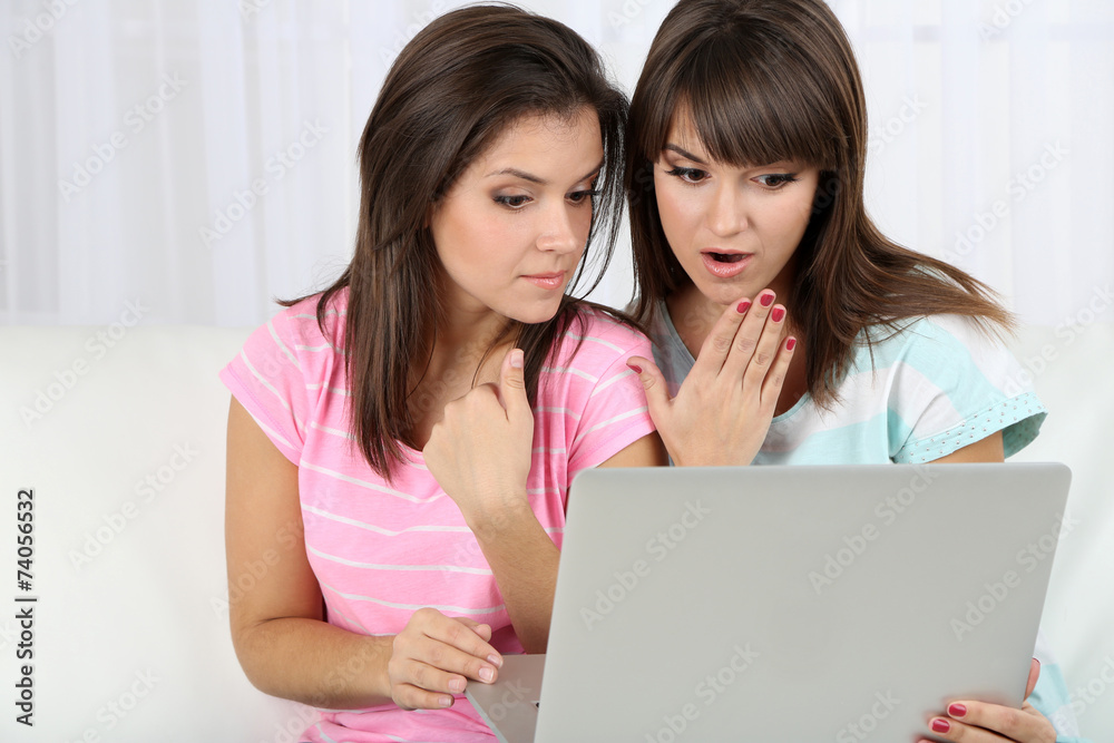 Beautiful girls twins sitting on sofa with notebook Beautiful girls twins sitting on sofa with notebook