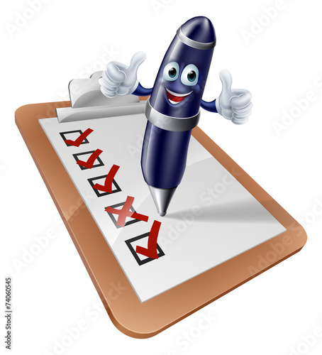 Pen mascot and clipboard