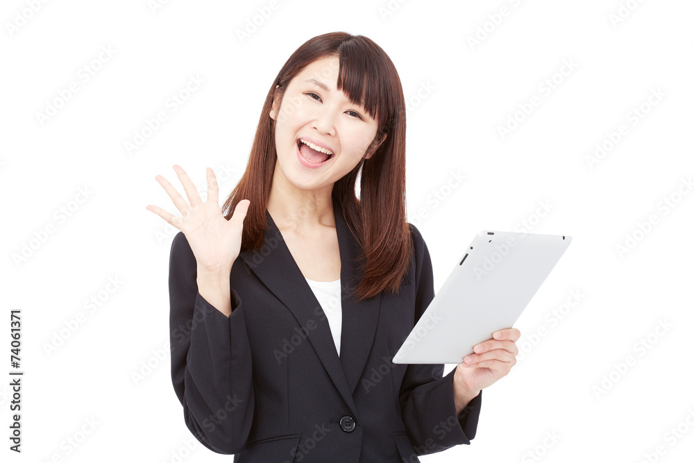 タブレットを持って驚くビジネスウーマン タブレットを持って驚くビジネスウーマン