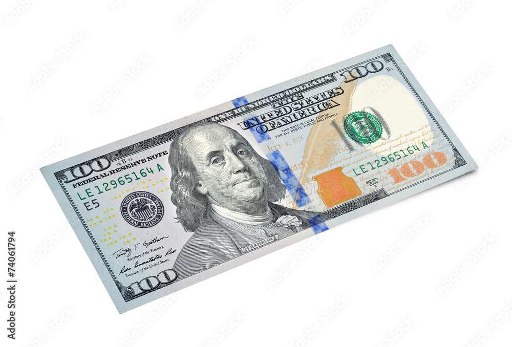 100 dollar bill closeup on white background 100 dollar bill closeup on white background