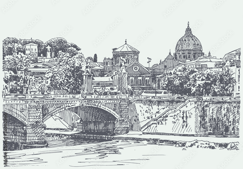 original sketch drawing of Rome Italy cityscape