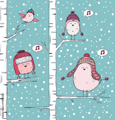 Winter illustration with birds singing on branch