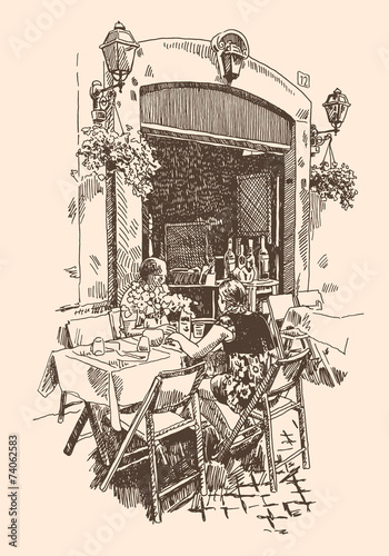 drawing of european street outdoor cafe in Rome, Italy