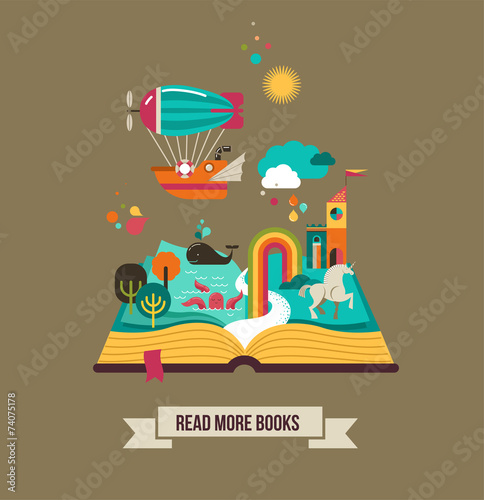 Open book with fairy tale elements and  icons