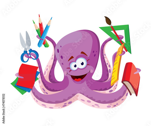 octopus with school supplies