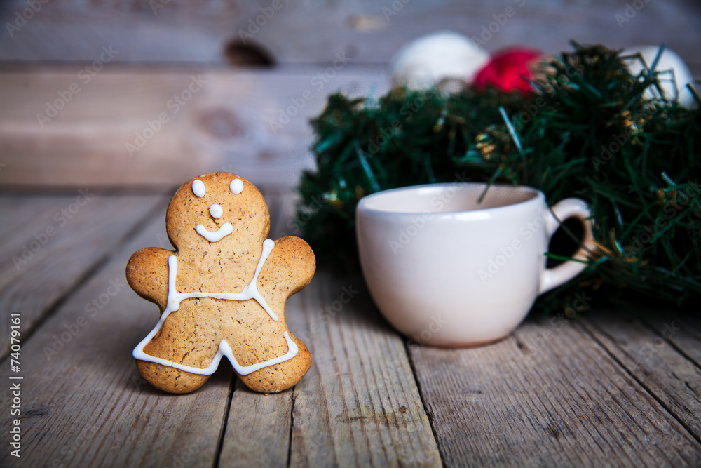 Christmas food. Gingerbread man cookies in Christmas setting.