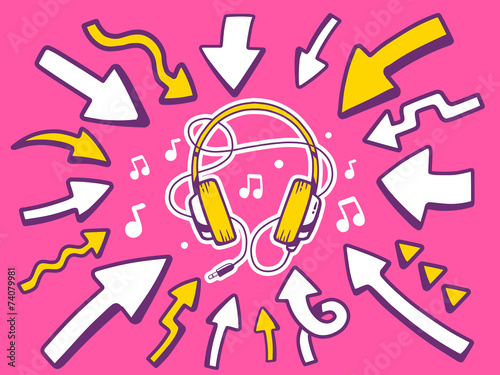 Vector illustration of arrows point to icon of headphones on pin