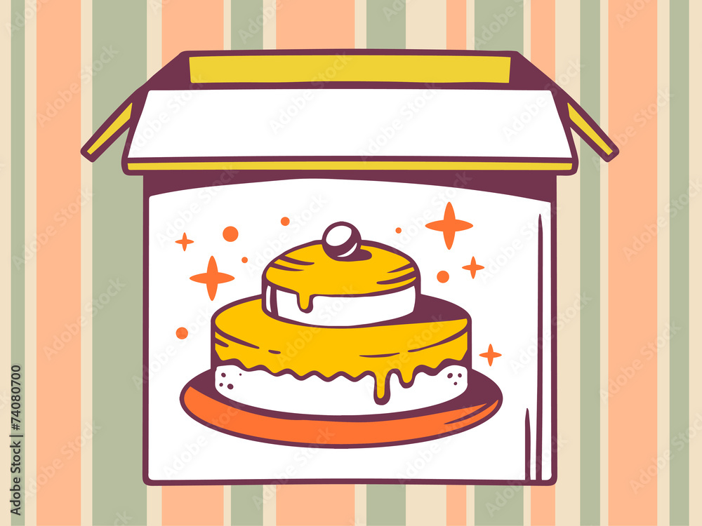 Vector illustration of open box with icon of cake on striped pa Vector illustration of open box with icon of cake on striped pa