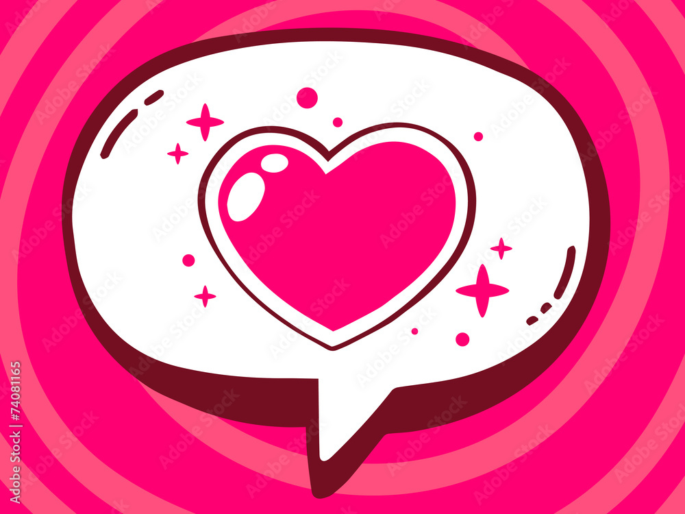 Vector illustration of speech bubble with icon of heart on pink