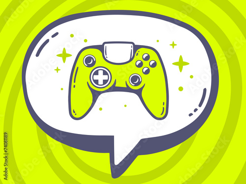 Vector illustration of speech bubble with icon of joystick on gr