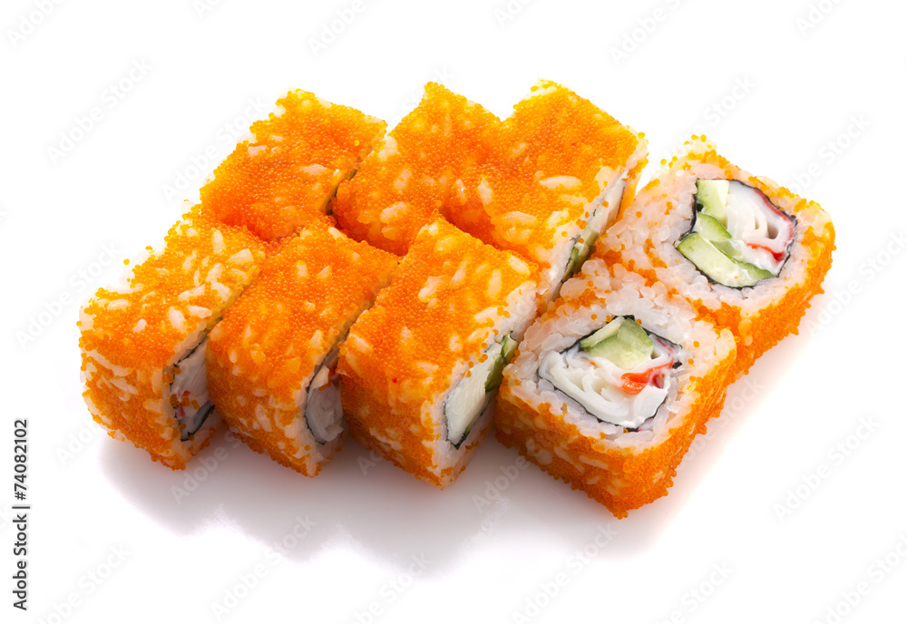 Sushi roll in ikura with crab and cucumber isolated Sushi roll in ikura with crab and cucumber isolated
