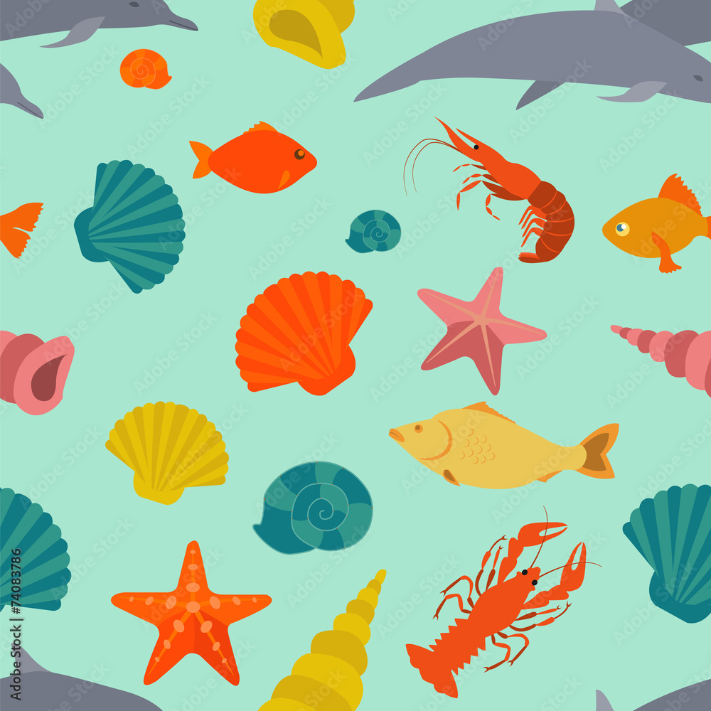 Sea animals seamless pattern. Vector flat style