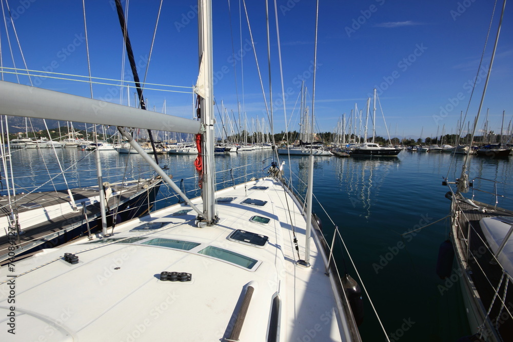 Fototapeta premium view from super sail boat yacht in a marina