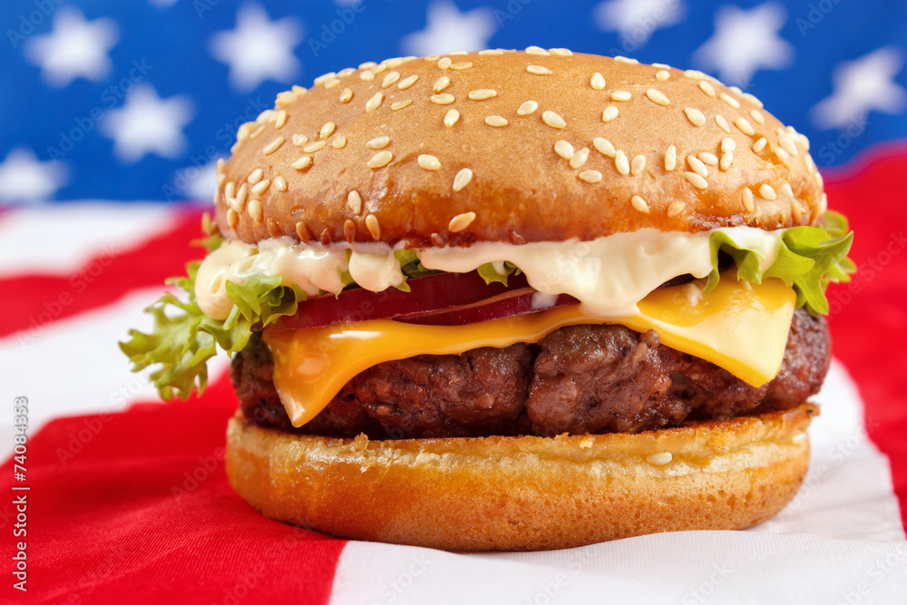 Cheeseburger with mayonnaise on USA flag