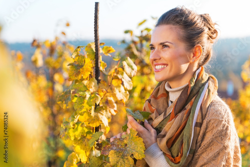 Portrait of happy young woman in autumn vineyard