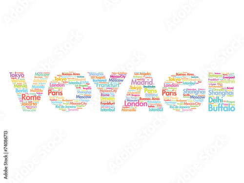 VOYAGE travel concept made with words cities names, vector