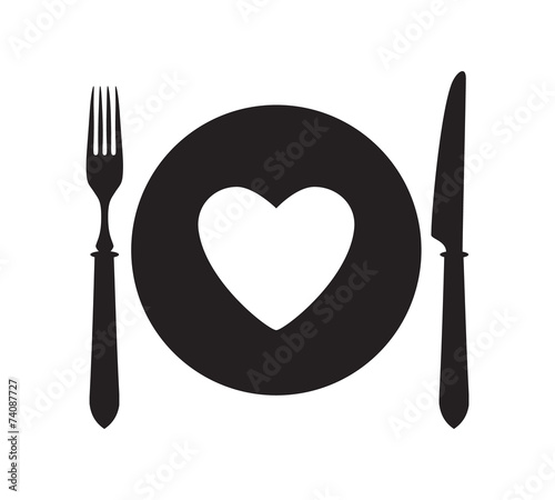 Plate, fork and knife with heart icon.