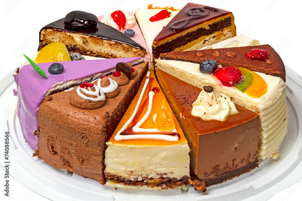 Different pieces of cake on a plate - obrazy, fototapety, plakaty 