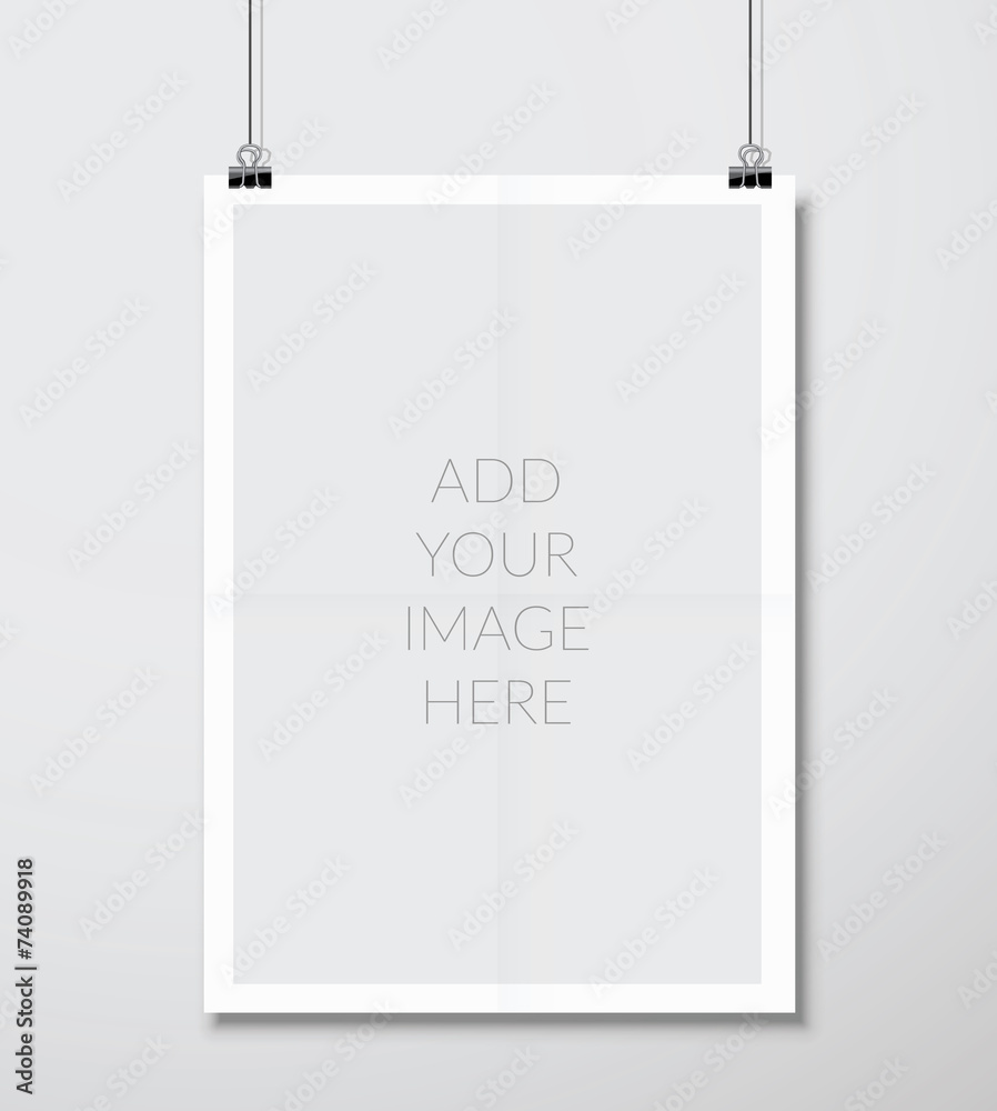 Empty A4 sized vector paper frame mockup hanging with paper clip
