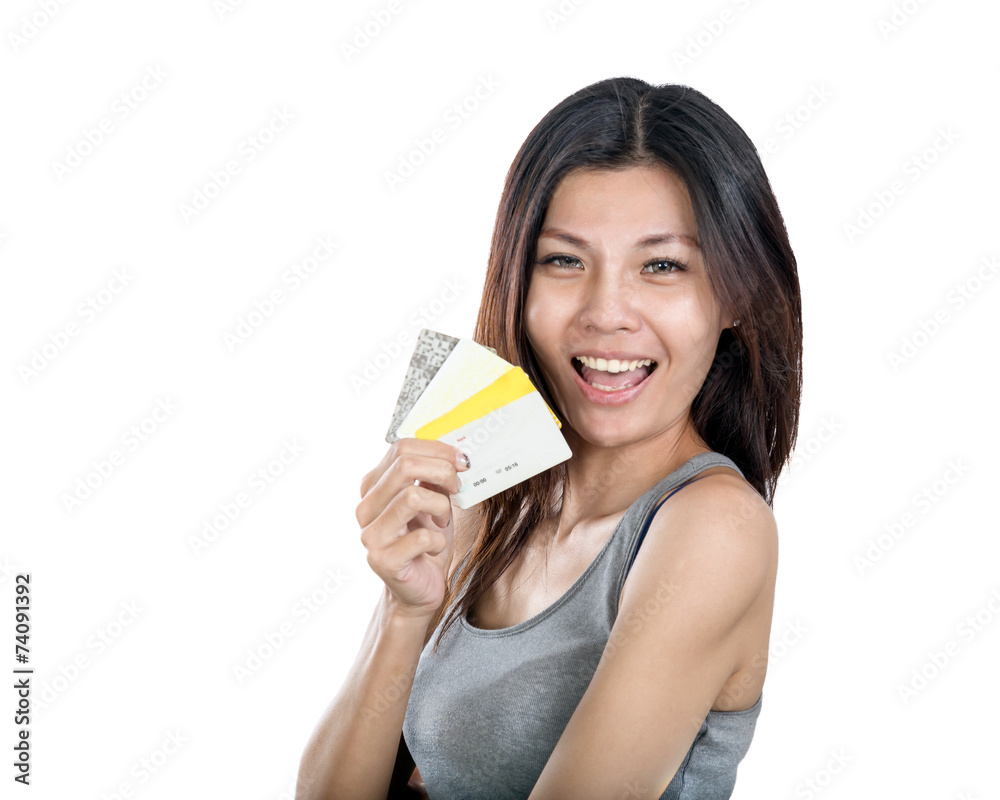 Chinese woman holding multiple credit cards Chinese woman holding multiple credit cards
