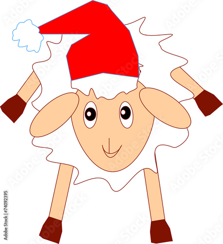 White fluffy funny smiling sheep in a red Christmas hat