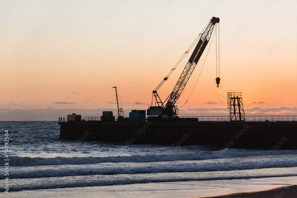 Beach Pier Crane Silhouetted Dawn