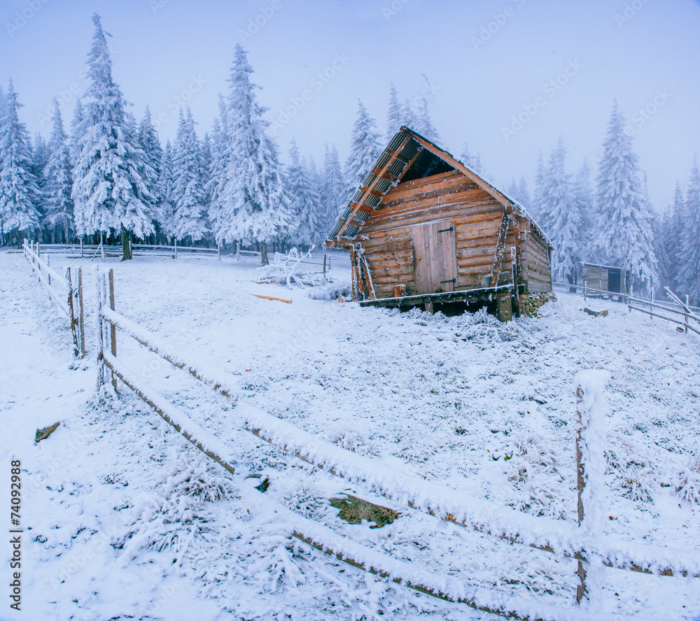 cabin in the mountains in winter