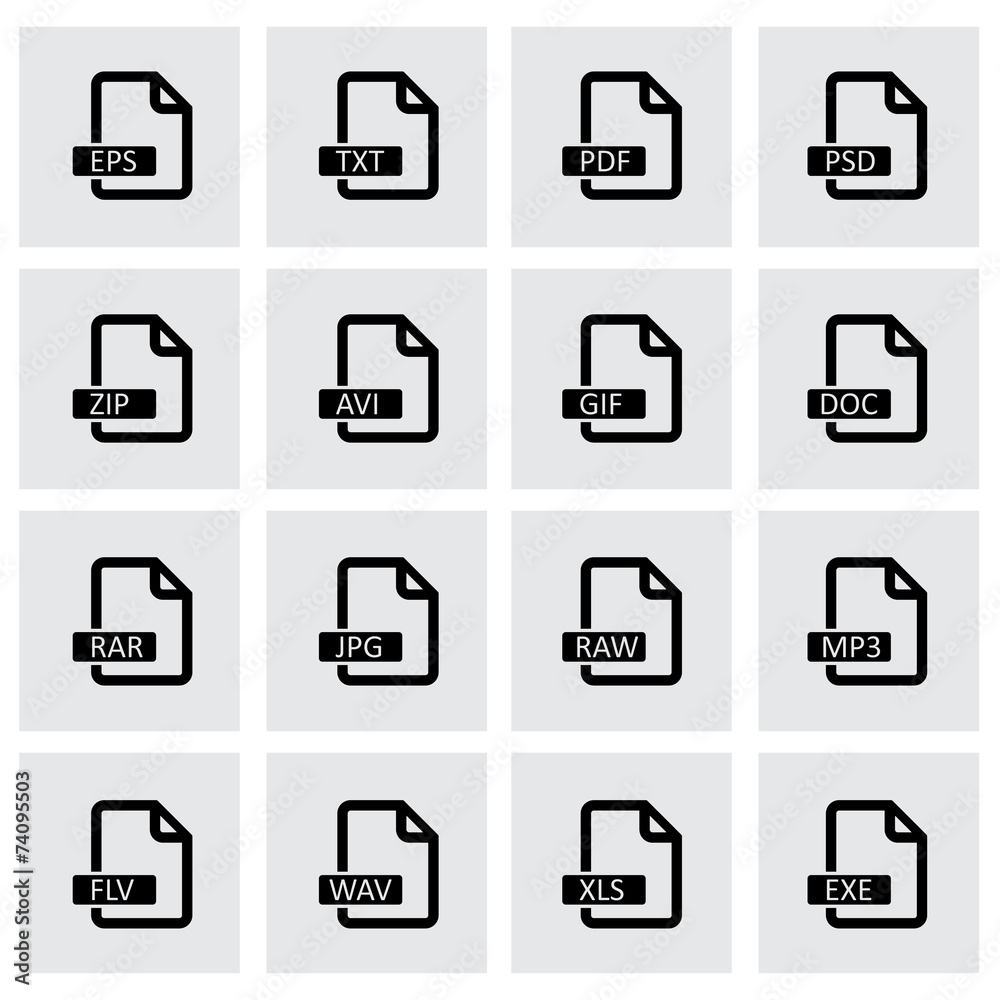Vector black file format icon set Vector black file format icon set