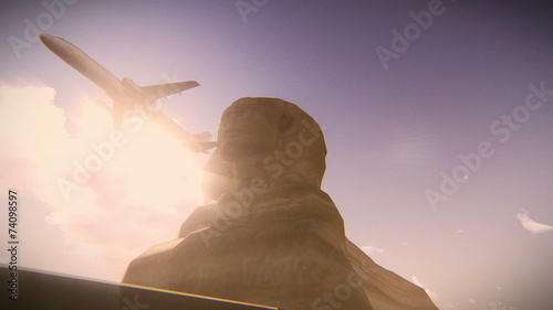 Plane taking off on the Great Sphinx of Giza in Egypt