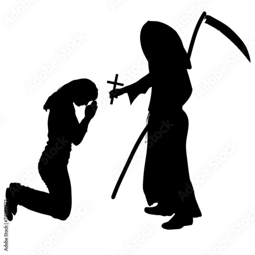 Vector silhouette of a woman with the Grim Reaper.