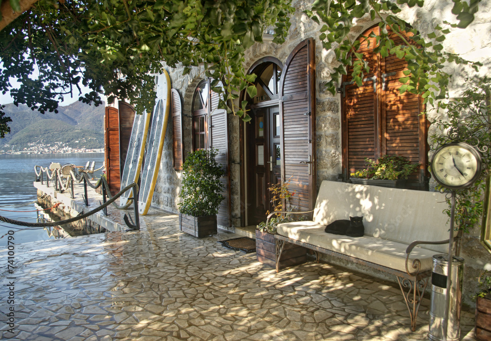 Obraz premium house entrance with bench and cat