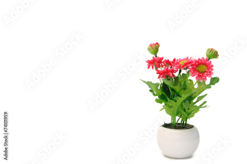 Fototapeta Naklejka Na Ścianę i Meble -  Red flowers in white flower pot, artificially