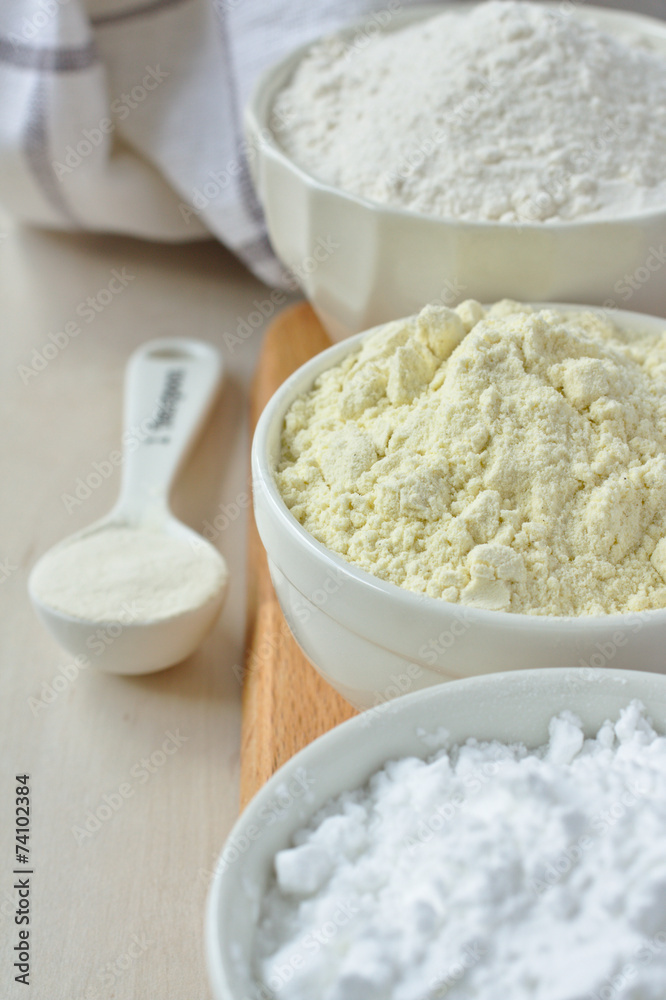 Three bowls with gluten free flour Three bowls with gluten free flour